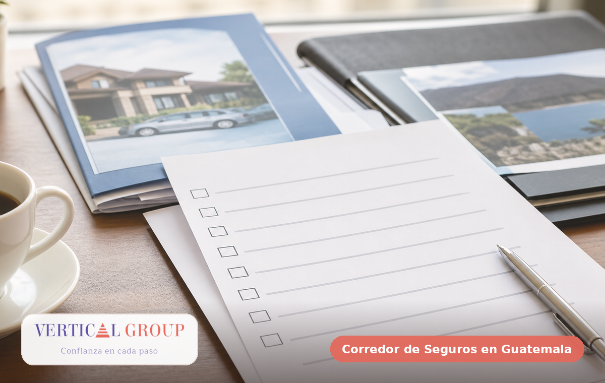 Foto realista de checklist y documentos antes de contratar un seguro en Guatemala