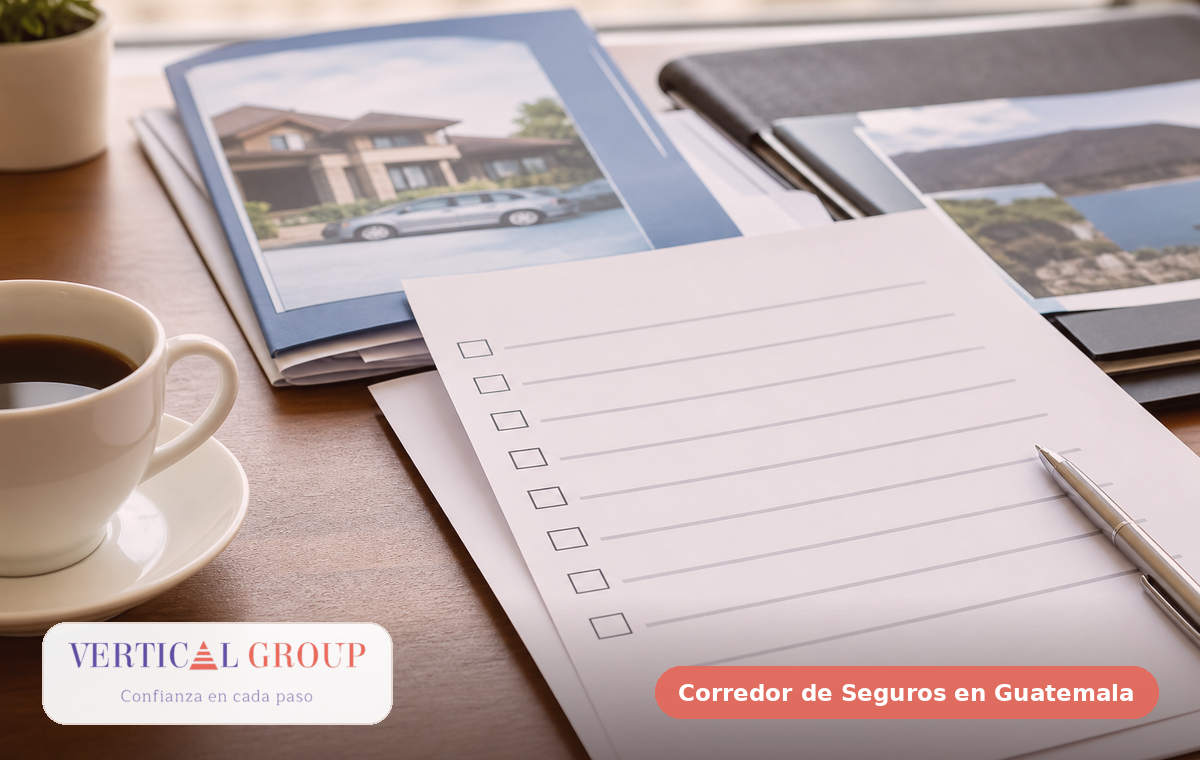Foto realista de checklist y documentos antes de contratar un seguro en Guatemala