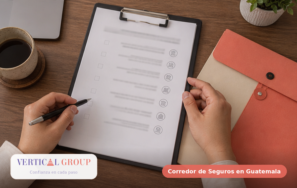 Foto realista de checklist y documentos antes de contratar un seguro en Guatemala