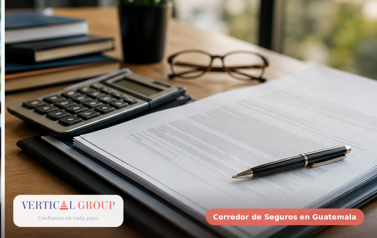 Foto realista de póliza empresarial, contrato y notas de responsabilidad civil