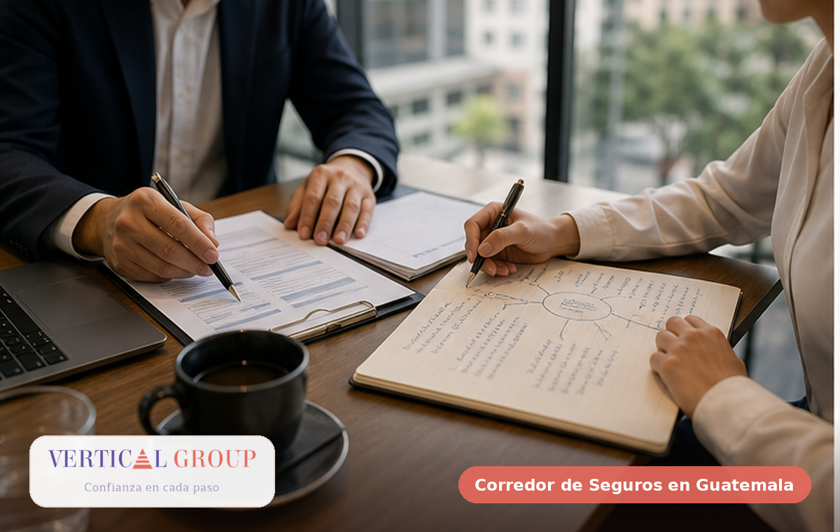 Foto editorial de equipo de empresa revisando riesgos, contratos y documentos de seguro
