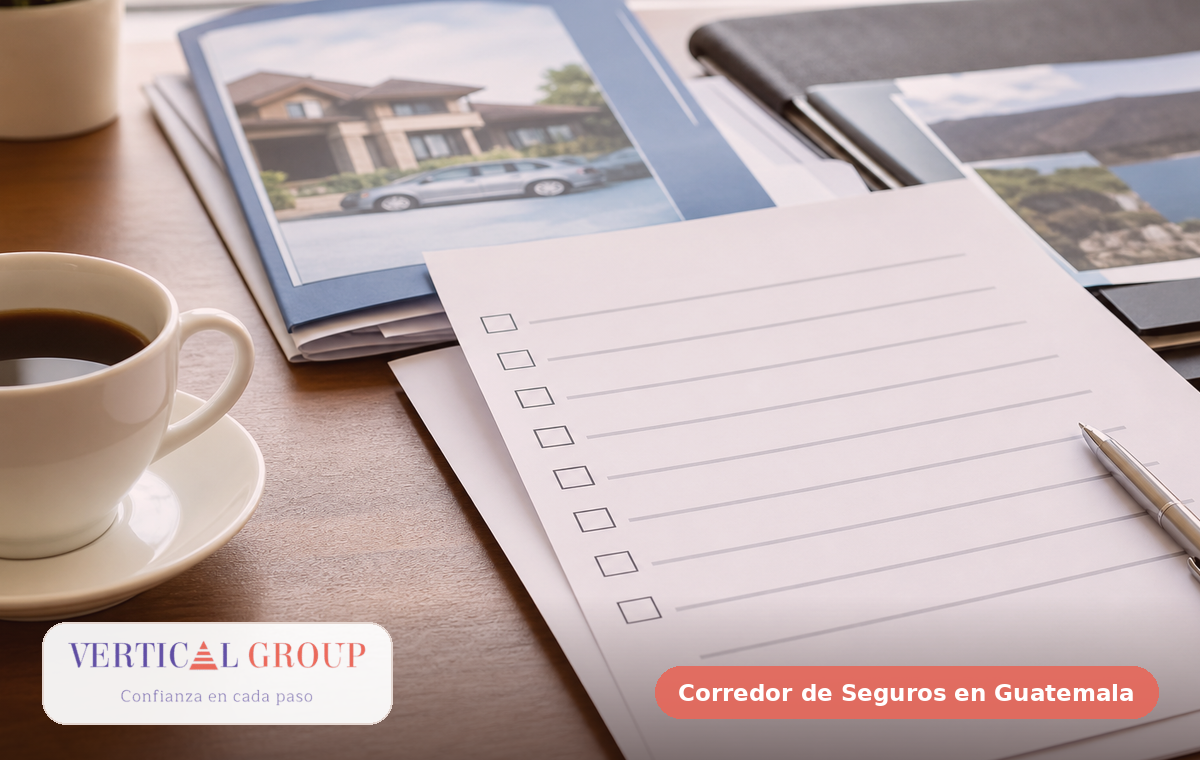 Foto realista de checklist y documentos antes de contratar un seguro en Guatemala