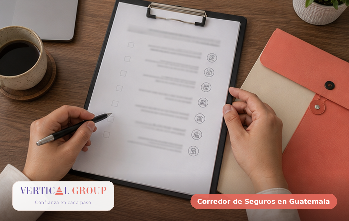Foto realista de póliza empresarial, contrato y notas de responsabilidad civil