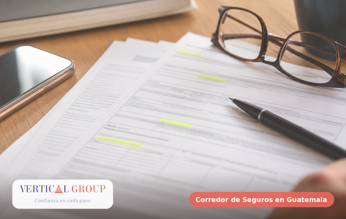Foto editorial de equipo de empresa revisando riesgos, contratos y documentos de seguro