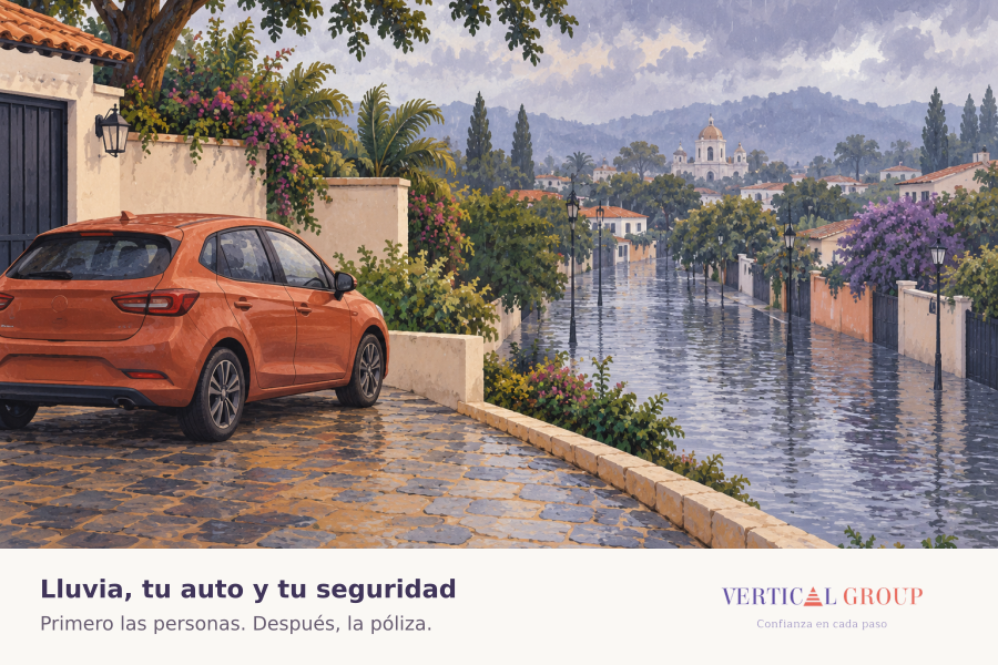 Ilustración de un auto naranja estacionado en una zona elevada frente a una calle inundada.
