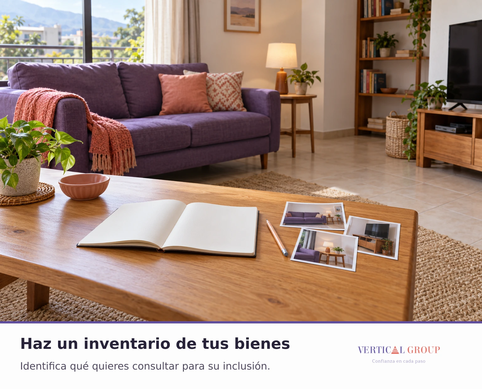 Sala con sofá, lámpara, televisor y un cuaderno para preparar el inventario del seguro de hogar.