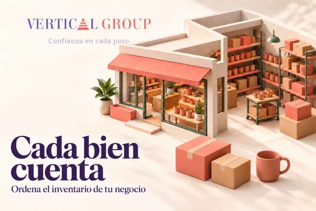 Ilustración de una tienda y su bodega con mercadería, cajas y una taza en primer plano.