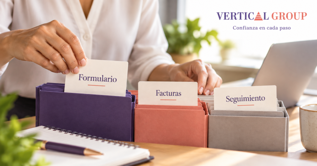 Ilustración de una persona organizando carpetas rotuladas Formulario, Facturas y Seguimiento.