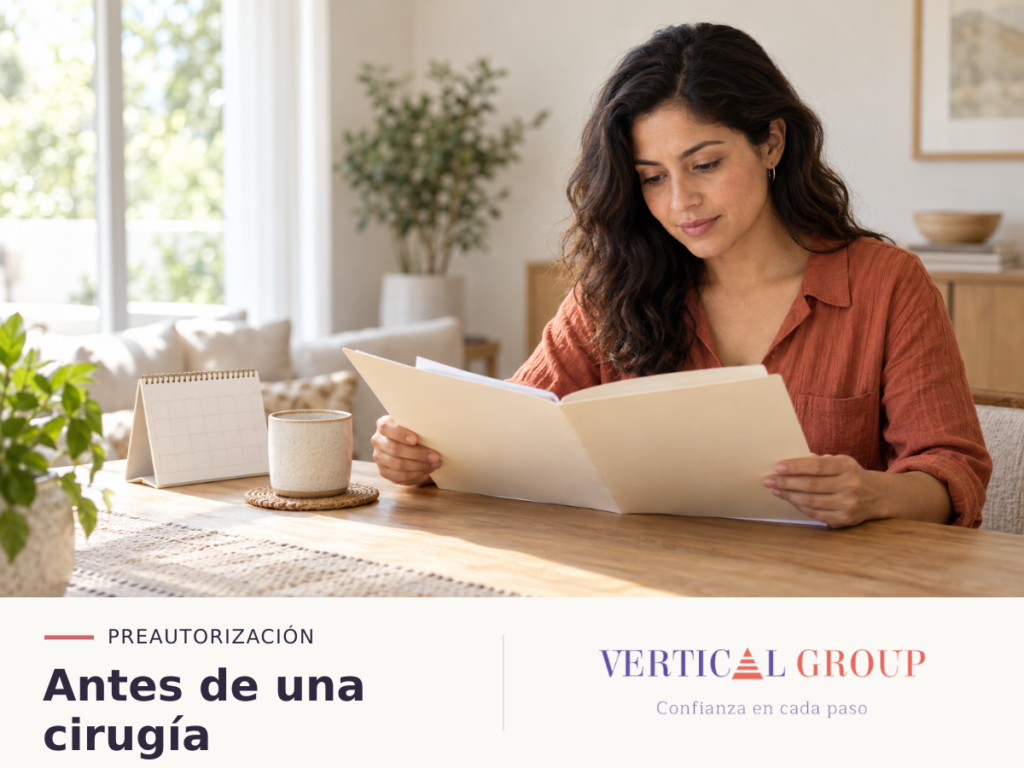 Mujer revisando una carpeta junto a un calendario en casa