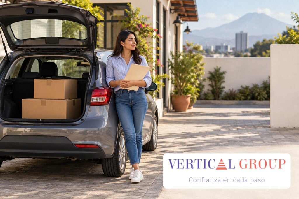 Emprendedora con una carpeta junto a un automóvil estacionado y cajas en el maletero.