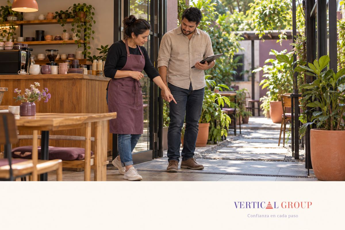 Dos personas revisan el acceso de una cafetería; ilustración generada con IA.