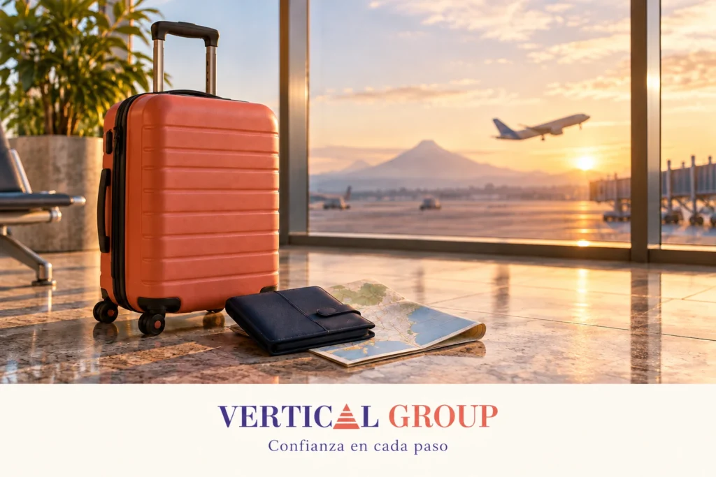 Maleta coral, organizador de viaje y mapa frente a una ventana de aeropuerto al amanecer.