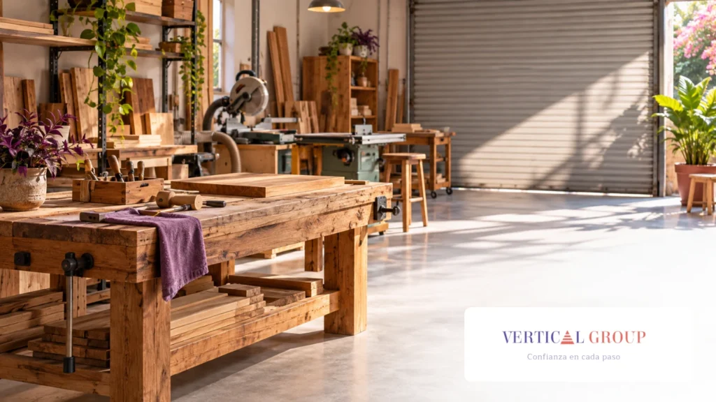 Taller de carpintería sin actividad, con banco de trabajo y puerta metálica cerrada.