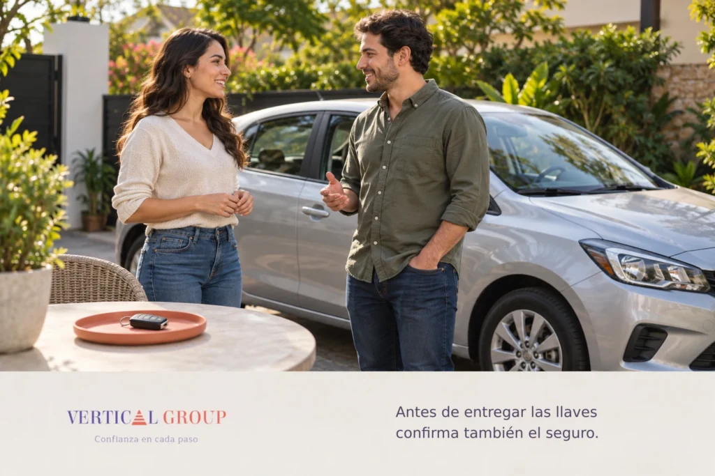 Dos adultos conversan junto a un automóvil estacionado; una llave descansa en una bandeja. Escena ficticia generada con IA.