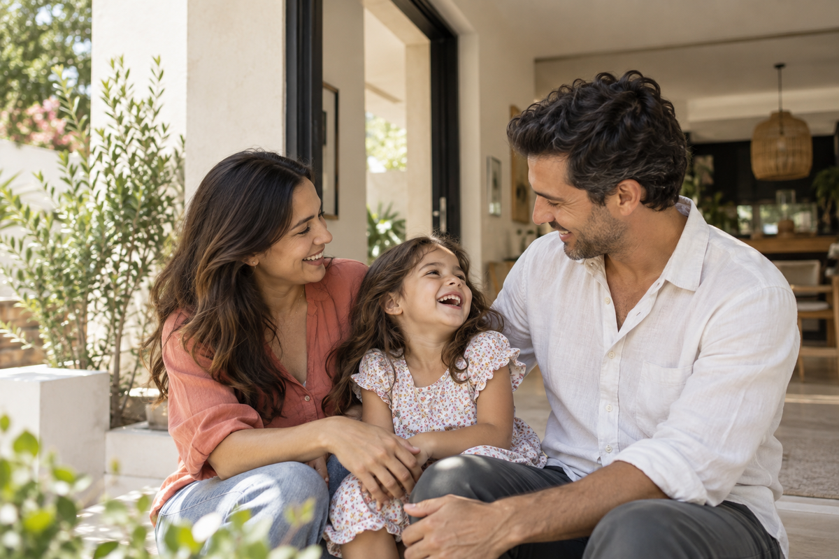 Familia y bienestar Familia compartiendo un momento alegre en la entrada de su casa.
